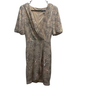 Adeline Rae Sequin Wrap V-Neck Champagne Cocktail Mini Dress Size XS